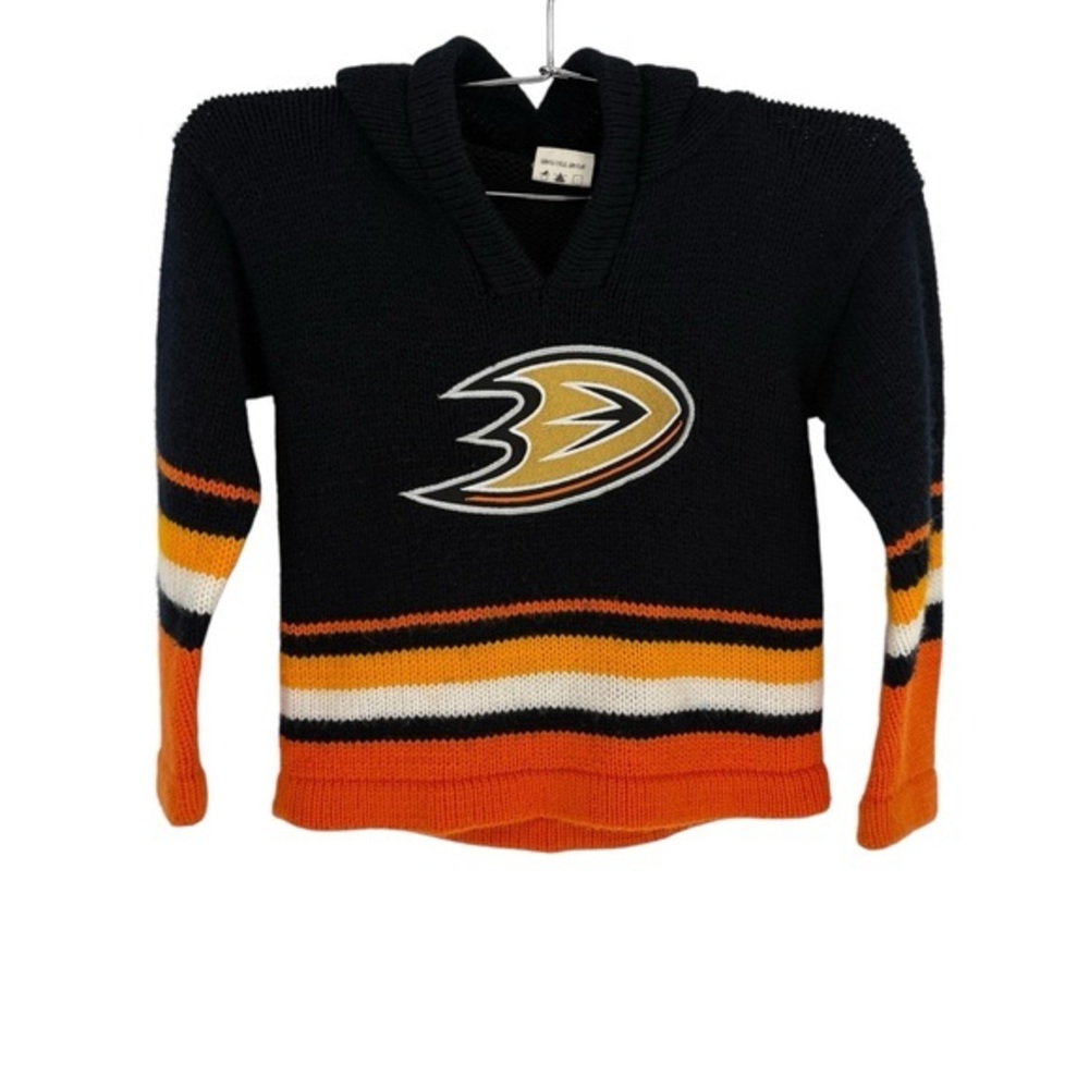 Ducks Hockey Boys Black and Orange 100% Wool Hooded Sweater